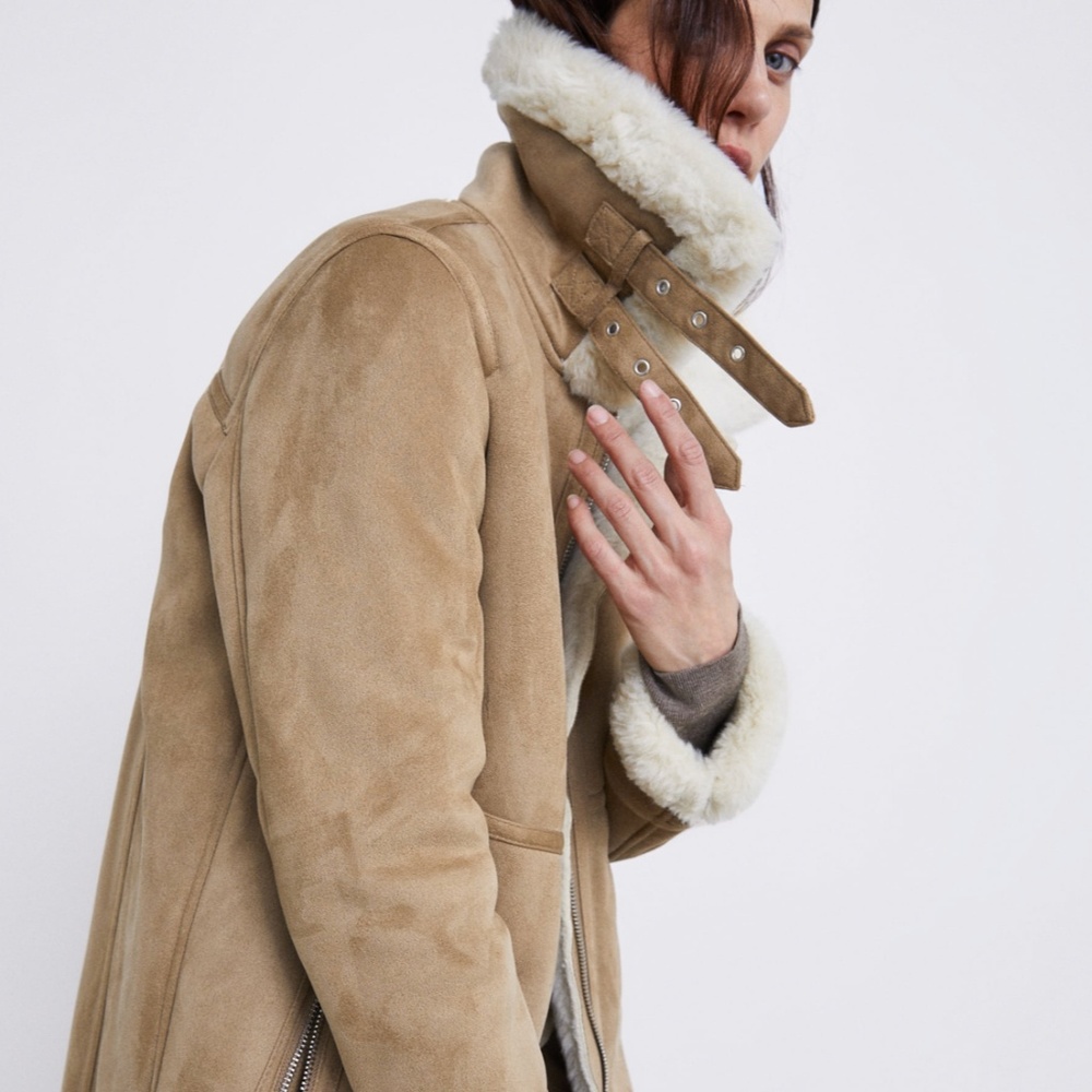 ZARA Fur Suede Long Biker Coat:Camel, US L/EUR L - Picture 6 of 12